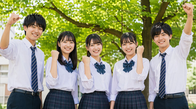 新緑の下、ガッツポーズをしている高校生男女のイメージ
