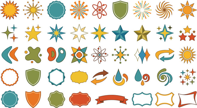 Retro mid-century modern vector icon set featuring vintage starbursts atomic shapes badges and ribbons for graphic design branding and commercial marketing presentations