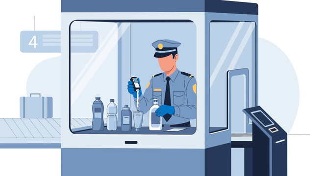 Airport Security Officer Inspecting Liquids at Checkpoint