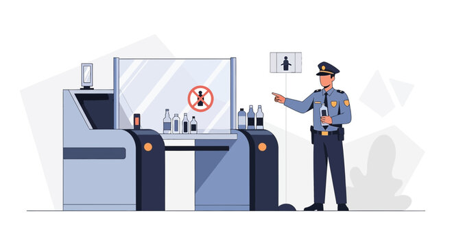 Airport Security Officer Inspecting Liquids at Scanner