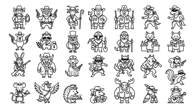 Wild West animal characters set, 28 cowboy animal icons, outlaw forest creatures line art vector