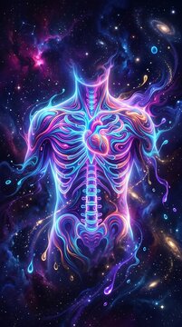Vibrant neon human skeleton in space with colorful nebulae and stars