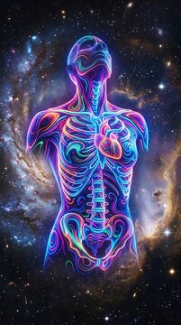 Vibrant human skeleton with colorful neon lines on a starry galaxy background