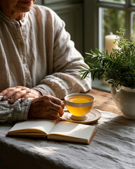 Fototapeta premium Healthy older adult enjoying herbal tea and a wellness journal at a sunlit kitchen table showcasing mindful aging and independence