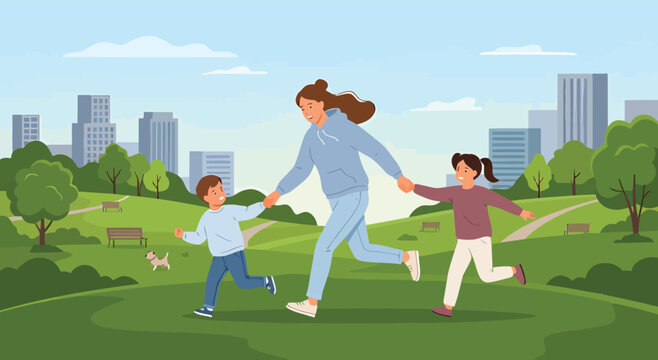 Happy Mother Running in the Park with Her Children