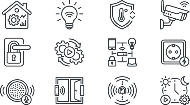 Smart home automation line icon set featuring security camera smart lock bulb thermostat and plug for mobile application interface design