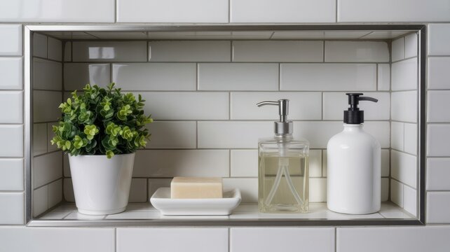 Modern bathroom shower niche with toiletries and white subway tiles