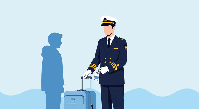 Airport security officer checking passenger baggage with blue backdrop.