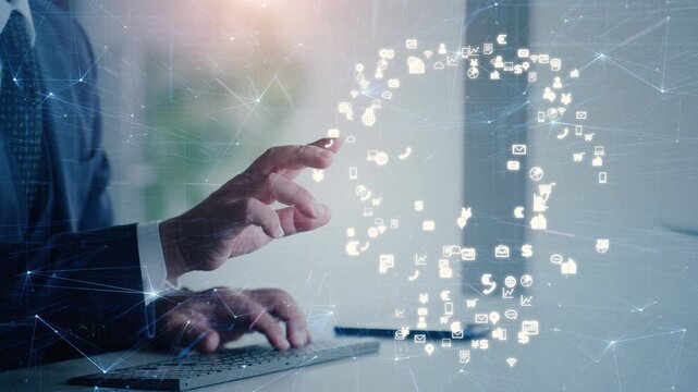 オフィスで作業する男性とデジタルテクノロジーのコンセプト