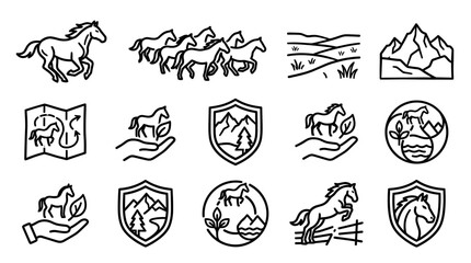 Fototapeta premium Wild Horses and Equine Conservation Outline Icon Vector Set