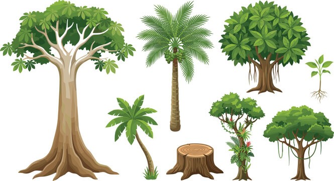 Tropical rainforest trees and jungle plants vector set featuring banyan palm kapok stump and vines isolated on white background for landscape graphic design