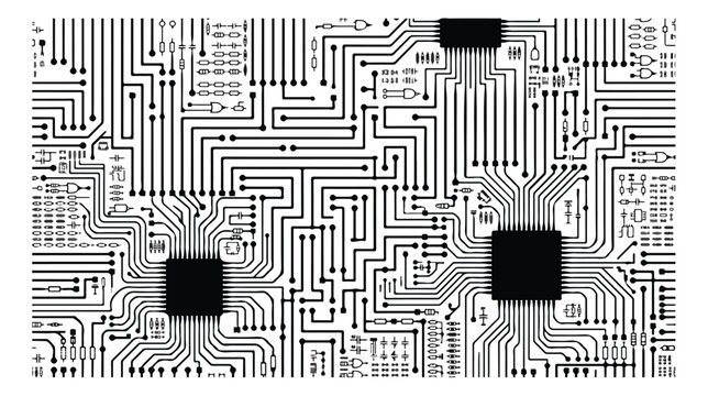 Circuit board vector pattern, black and white electronic motherboard texture, digital microchip hardware background for technology design