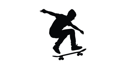 Fototapeta premium Skateboarder performing trick black silhouette against white background
