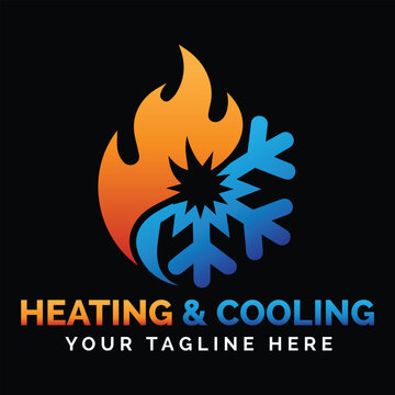 HVAC logo template with glowing fire flame and snowflake icon on black background