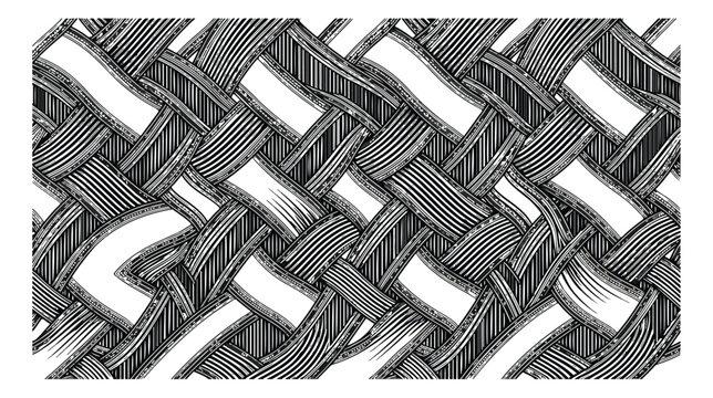 Vintage hand-drawn wicker weave pattern, monochrome woodcut style basketwork texture, engraved rattan fiber background vector illustration
