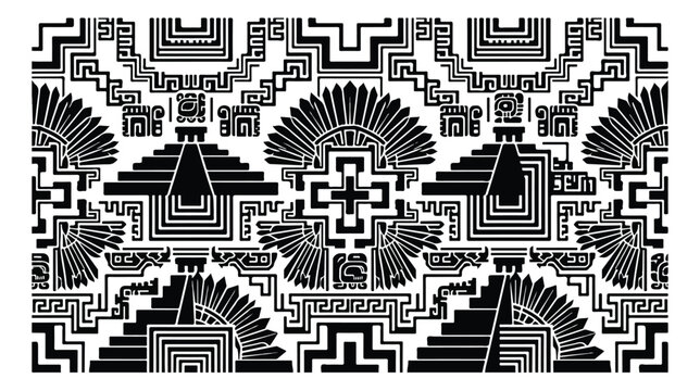 Ancient Mayan pattern with stepped pyramids and sun motifs, black and white Aztec tribal vector illustration, ethnic Mexican geometric ornament