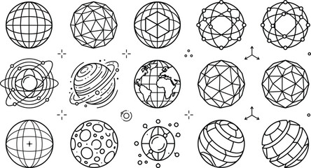 Minimalist Globe And Planet Icon Set Featuring Geometric Spheres And Blockchain Network Graphics © MstBabli