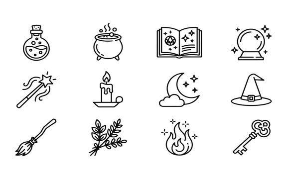 Magic and witchcraft line icons set featuring potion cauldron spell book crystal ball wand candle moon witch hat broom sage fire and key symbols for mystical occult and spiritual graphic design work.