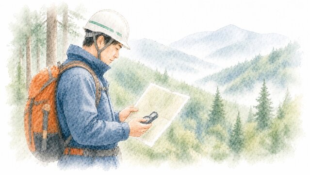 森林で地図とコンパスを使って現在地を確認するヘルメットを被った男性