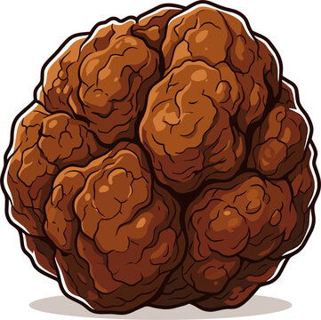 A single pixel art meatball, rendered in a rich brown hue with a highly textured, lumpy surface. The illustration features a distinct outline and highlights, suggesting a cooked and savory dish.