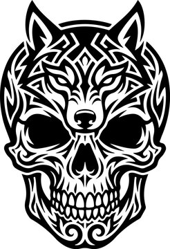 Wolf head and human skull tribal tattoo design glyph