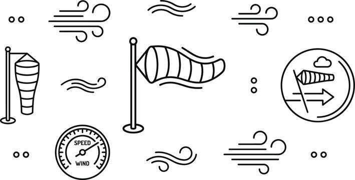 Windsock Weather Indicator Icon Set Featuring Wind Speed Gauge Direction Arrow And Breeze