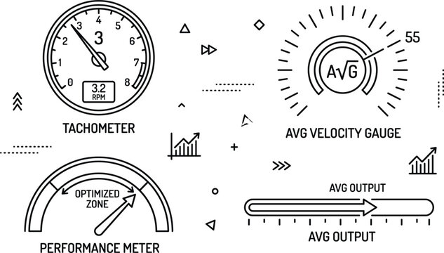 Dashboard Speedometer Icon Set Featuring Tachometer Performance Meter Velocity Gauge And Average Output