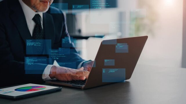 オフィスで作業する男性とデジタルテクノロジーのコンセプト