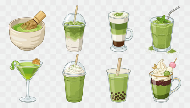 Green matcha drinks set with bubble tea lattes and traditional whisk bowl design