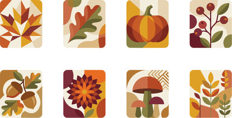 Abstract autumn nature icons set with geometric leaves pumpkins mushrooms and berries design © MDHABIBUL
