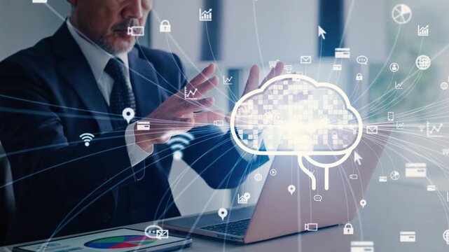 オフィスで作業する男性とAIネットワークのコンセプト
