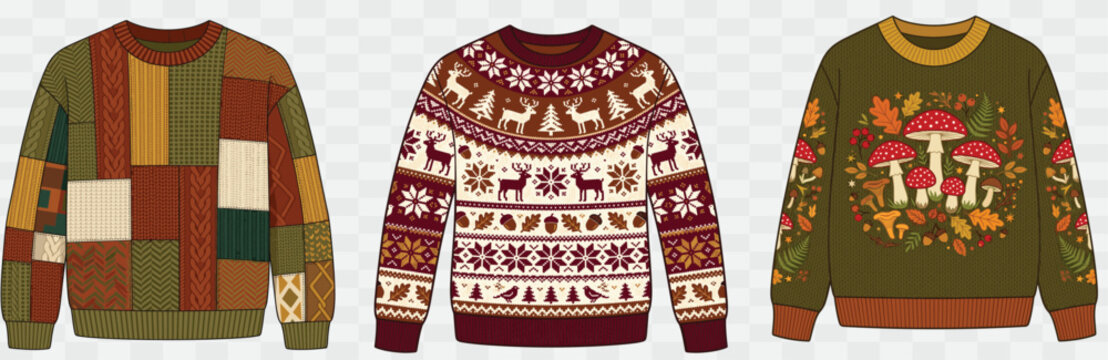 Autumn knitwear collection with patchwork deer fair isle and mushroom pattern sweaters design