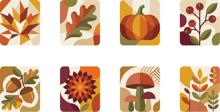 Abstract autumn nature icons set with geometric leaves pumpkins mushrooms and berries design