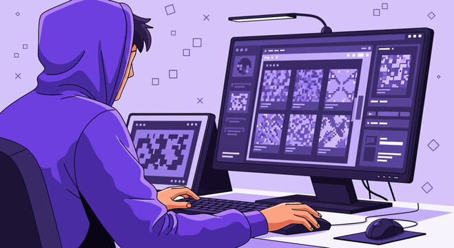 Young person in hoodie coding on computer, digital art concept