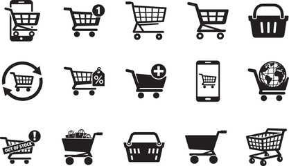 Shopping cart icon set with solid vector symbols for commerce, retail, ecommerce, and online sales. © SB 