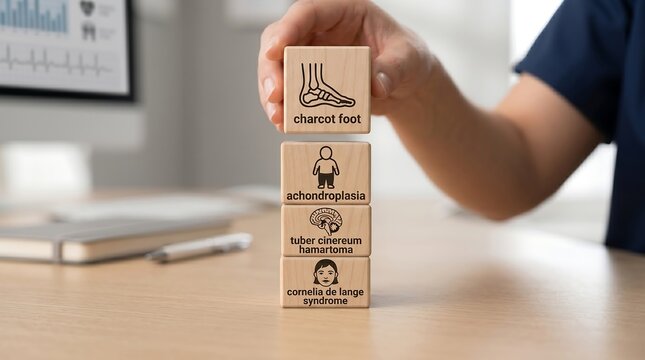 Person stacking wooden blocks with medical terms on desk in office