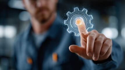 Obraz premium Industrial Innovation: A close-up of a worker's hand touching a glowing digital gear, symbolizing innovation and technological advancement in industry.