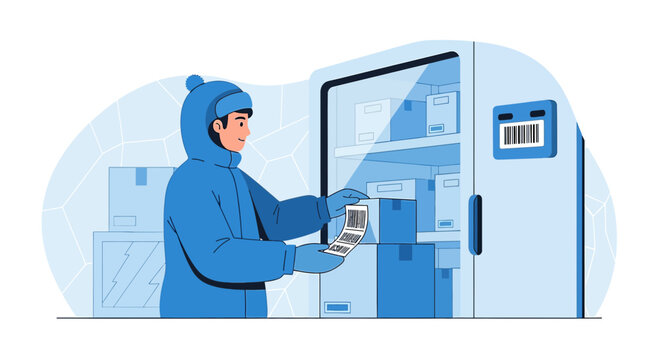 Warehouse worker with barcode scanner in cold storage, logistics and delivery