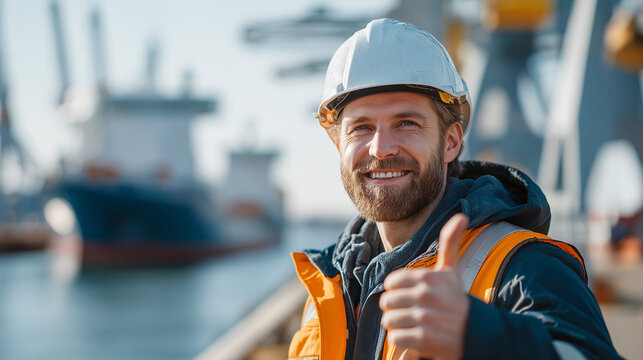 Harbor Worker Thumbs Up: A smiling, bearded harbor worker in a hard hat and safety vest gives a thumbs-up in front of docked ships.