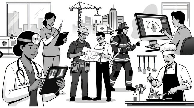 Medical professionals and construction workers collaboration.