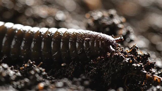 Macro close-up of a millipede crawling through dark garden soil