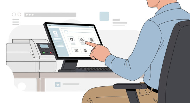 User interaction with modern desktop computer and printer in office setting.