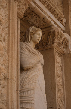 Facade of the ancient Roman Library of Celsus in the archaeological site of Ephesus, Turkey.