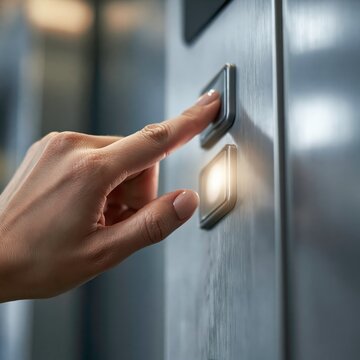 Person presses elevator button in a modern building to call for the lift