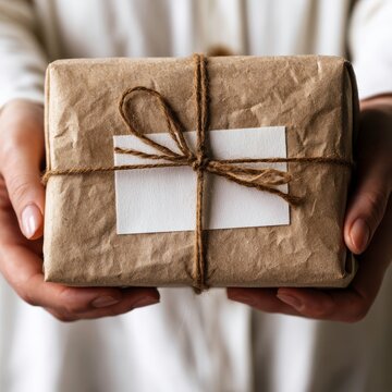 Gift wrapped in brown paper is held by hands in a simple setting during daytime