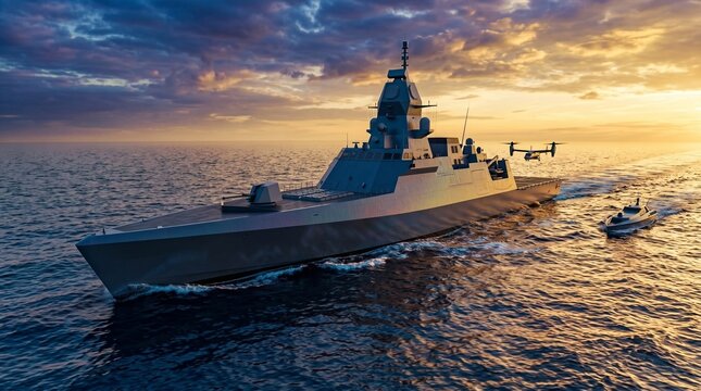 A modern stealth warship with a drone and small boat sailing on the ocean at a vibrant sunset.