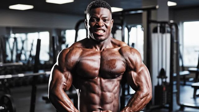 Muscular man flexing biceps in dark gym setting.