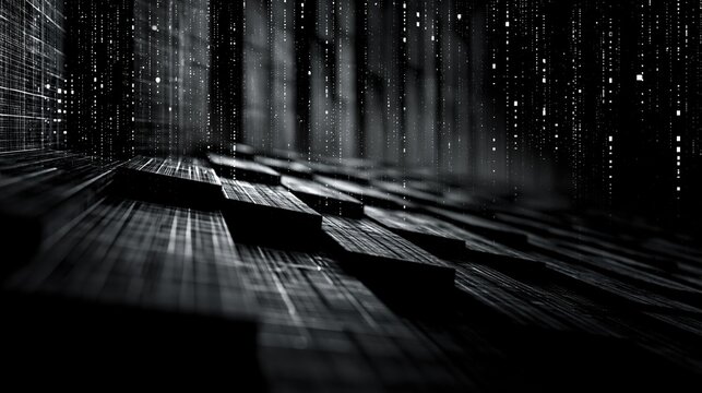 Abstract Digital Cityscape with Falling Data Streams and Futuristic Geometric Architecture