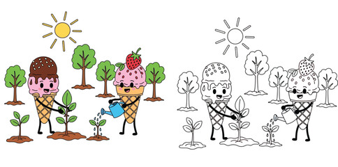 Fototapeta premium Cute Ice Cream Cones Gardening Under the Sun - Colored and Outline Versions