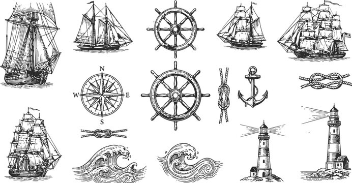 Engraving vintage nautical elements including sailing ships compasses anchors and lighthouses for maritime design